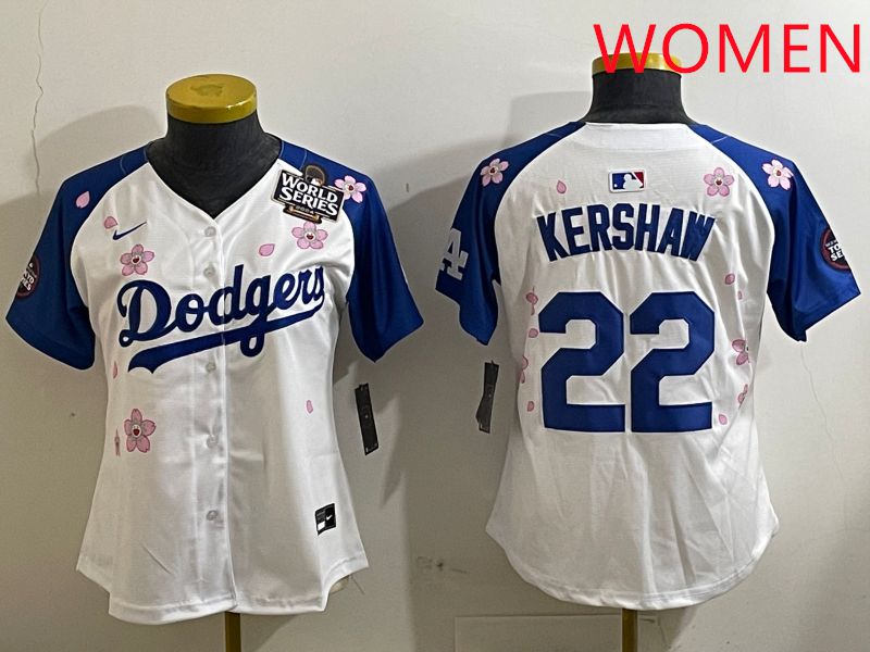 Women Los Angeles Dodgers #22 Kershaw White Blue Sakura Edition 2025 Nike MLB Jersey style 6